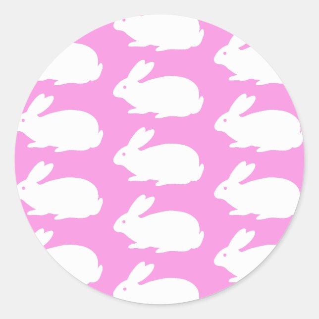 White Bunny Pattern On Pink Classic Round Sticker (Front)
