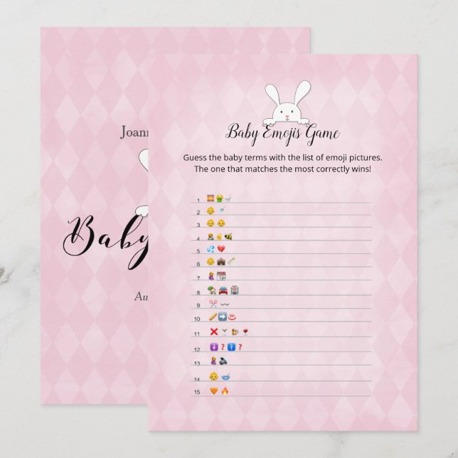 White Bunny Pink Argyle Baby Emoji Pictures Game Invitation (Front/Back)