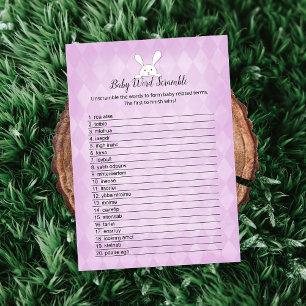 White Bunny Purple Argyle Baby Word Scramble Game Invitation