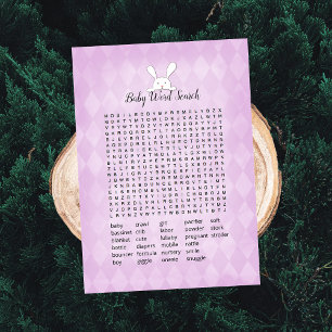 White Bunny Purple Argyle Baby Word Search Game Invitation