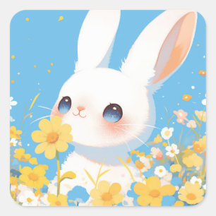 White Bunny Rabbit Close Up in Yellow Flora Garden Square Sticker