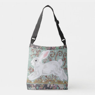 White Bunny Rabbit Floral Aqua Cross Body Tote Bag