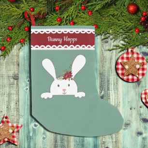 White Bunny Rabbit Floral Lace Monogram Small Christmas Stocking