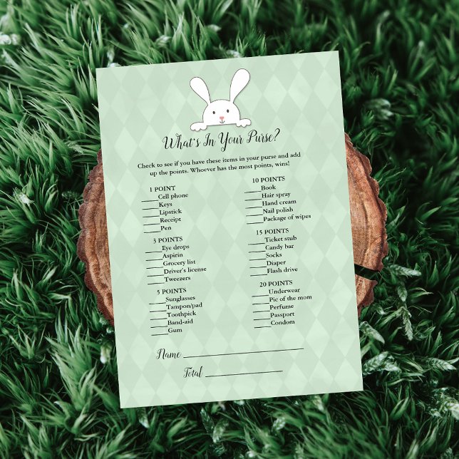 White Bunny Rabbit Green What's In Your Purse Game Invitation (Creator Uploaded)
