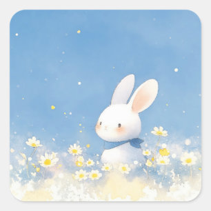 White Bunny Rabbit with Blue Scarf in Daisy Meadow Square Sticker