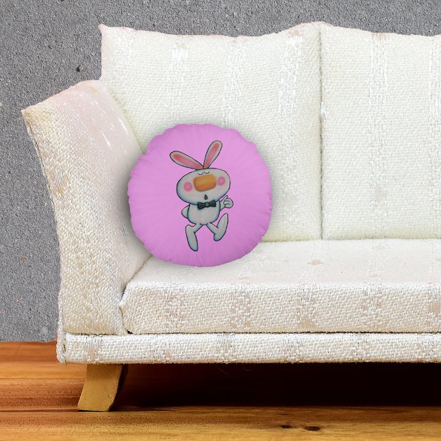 White Bunny Rosy Cheeks Thumbs Up Sign Pink Lines Round Cushion (Fun white rabbit for Easter or spring Thumbs up sign on pink decorative throw pillow.)