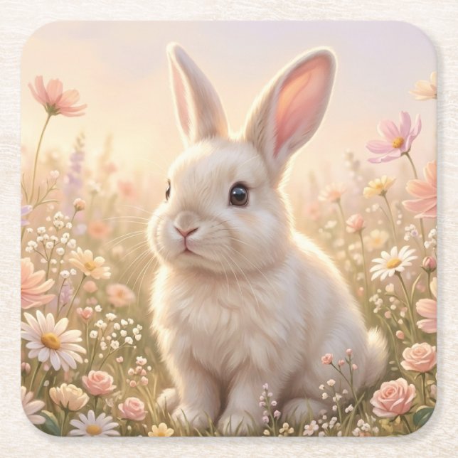 White Bunny Square Paper Coaster (Front)