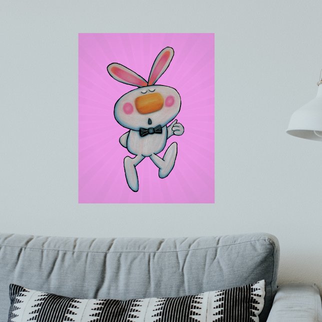 White Bunny Thumbs Up Orange Nose Pink Pattern Poster (Cute cartoon white rabbit giving thumbs up sign wearing bow tie on pink artwork poster.)