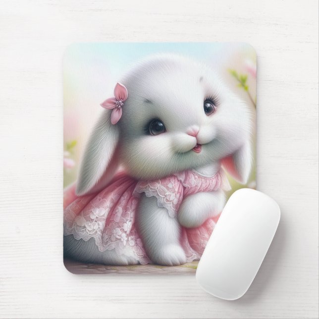 White Bunny Wearing Pink Lace Dress Mouse Pad (With Mouse)