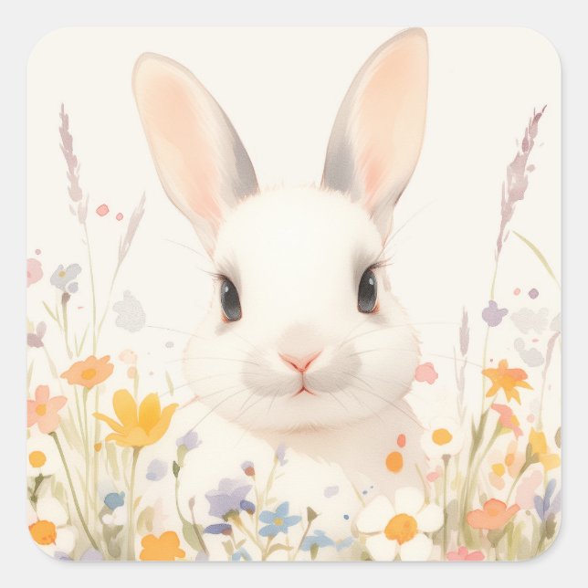 White Bunny with Pink Nose in Spring Wildflower Square Sticker (Front)