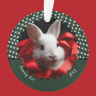 White bunny with red ribbon on green holiday  ornament