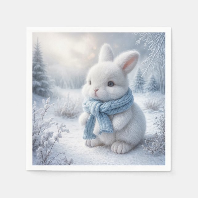 White Bunny With Winter Scarf Napkin (Front)