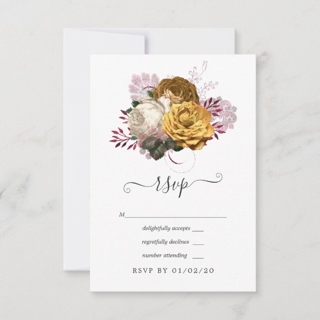 White, Burgundy and Gold Floral Wedding RSVP Card (Front)