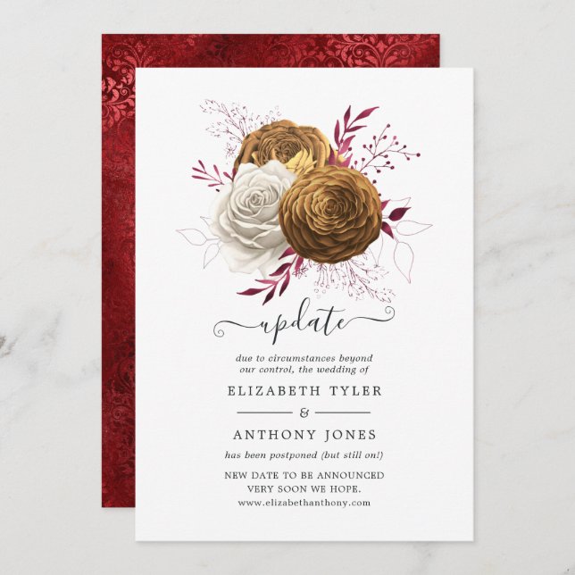 White, Burgundy and Gold Floral Wedding Update Invitation (Front/Back)