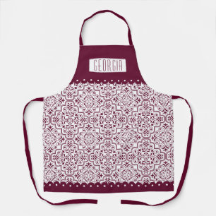 White burgundy damask pattern scalloped borders apron
