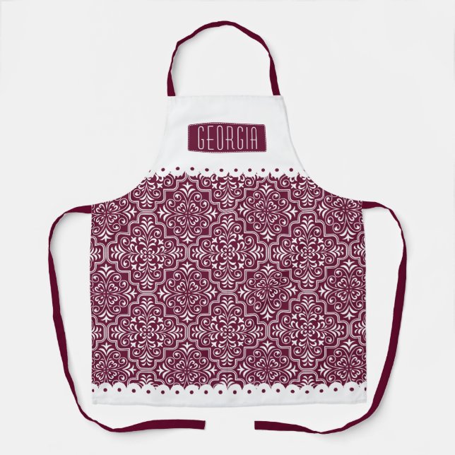 White, burgundy damask pattern scalloped borders apron (Front)