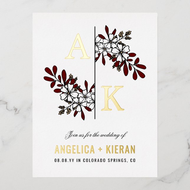 White Burgundy Floral Greenery Monogram Wedding Foil Invitation Postcard (Front)