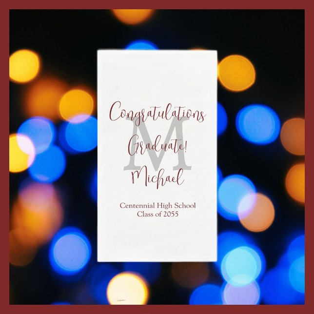 White Burgundy Graduation Party Name Monogram  Napkin (Creator Uploaded)