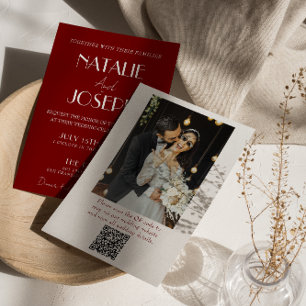 White Burgundy Minimalist QR Code Photo Wedding Invitation