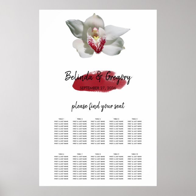 White Burgundy Orchid Wedding Seating Chart (Front)