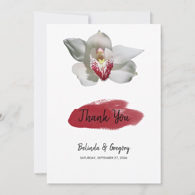 White Burgundy Orchid Wedding Thank You Card (Back)