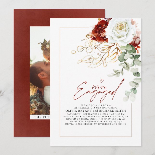 White Burgundy Red Floral Engagement Party Photo Invitation (Front/Back)