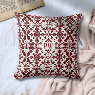 White Burgundy Royal Damask Monogram Cushion