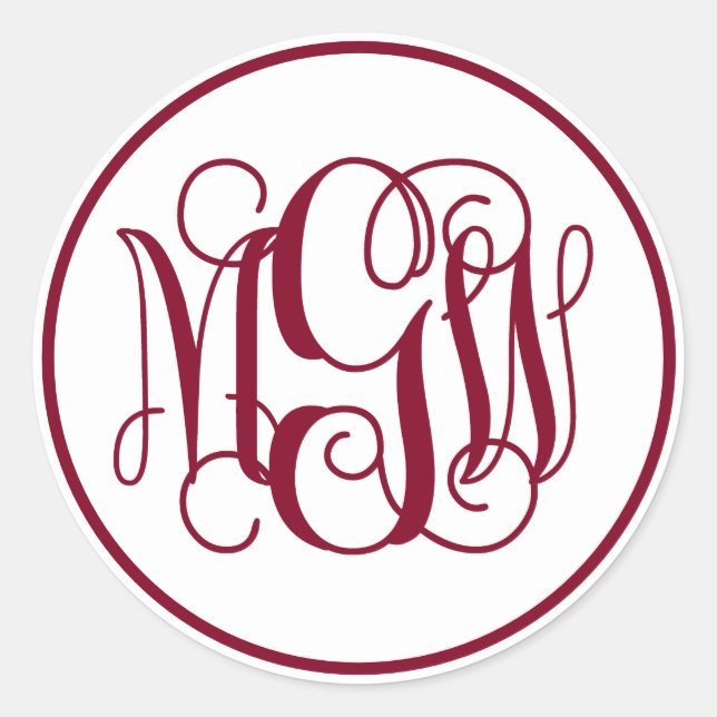 White Burgundy Vine Script Monogram, DIY BG Classic Round Sticker (Front)