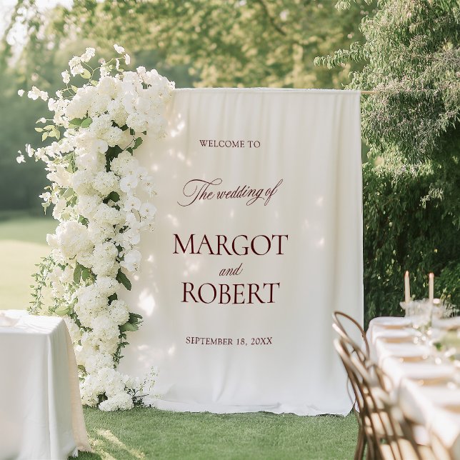White & Burgundy Wedding Welcome Sign Banner Tapestry (White & Burgundy Wedding Welcome Sign Banner Tapestry)