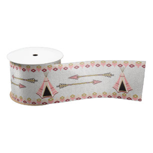 White Burlap with Tribal Arrows and Teepees Satin Ribbon