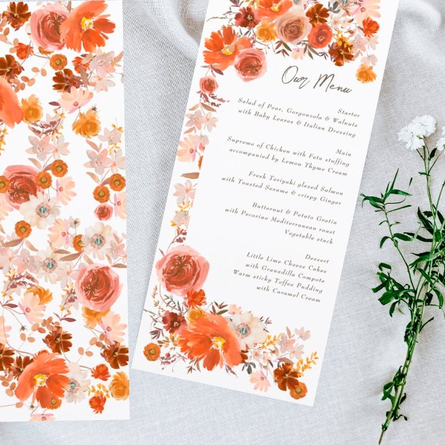 White Burnt Orange Floral Frame Bouquet Wedding Menu (Creator Uploaded)