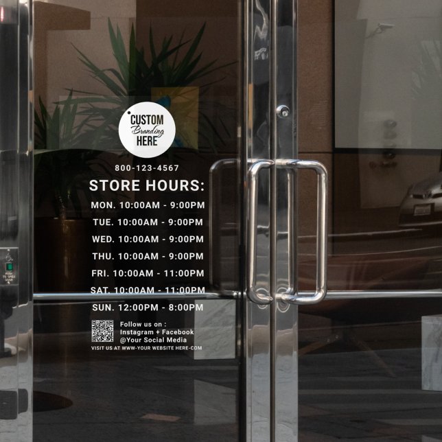White Business Hours Logo QR Code Social Media  (store opening hours window cling decal)