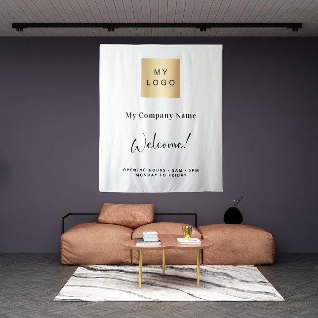 White business logo name opening hours tapestry (Creator Uploaded)