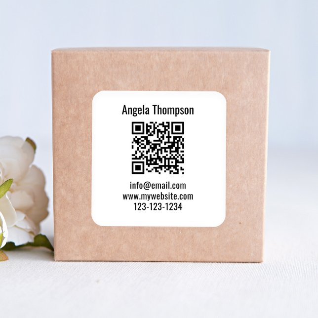White Business QR Code Custom Basic Square Sticker (Black and white basic QR code business product label sticker. )