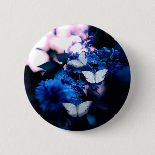 White Butterflies Blue Flowers, butterfly 6 Cm Round Badge