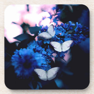 White Butterflies Blue Flowers, butterfly Coaster