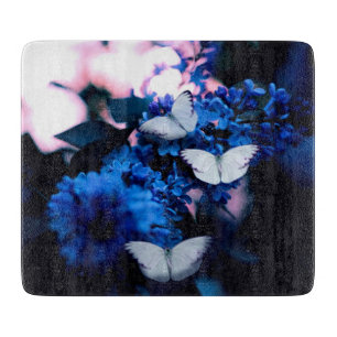 White Butterflies Blue Flowers, butterfly Cutting Board