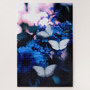 White Butterflies Blue Flowers, butterfly Jigsaw Puzzle