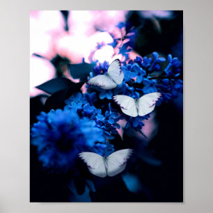 White Butterflies Blue Flowers, butterfly Poster