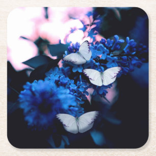 White Butterflies Blue Flowers, butterfly Square Paper Coaster