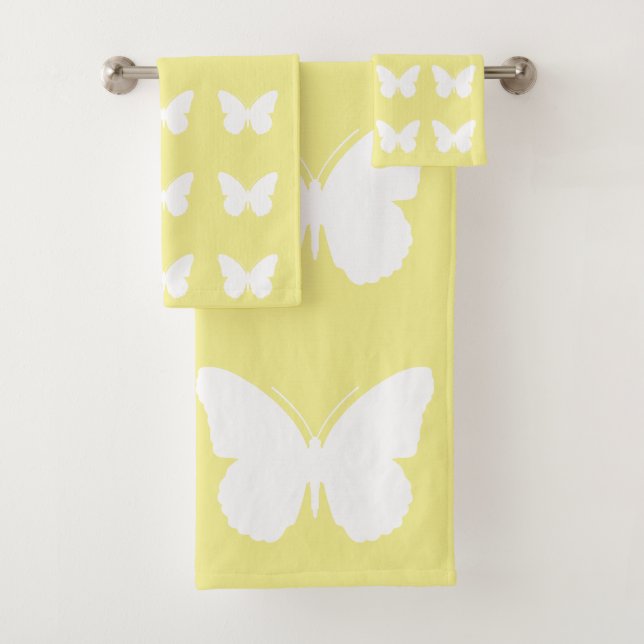 White Butterflies on Butter Yellow Bath Towel Set (Insitu)
