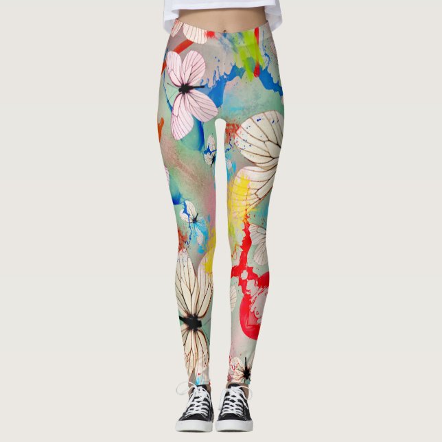 White Butterflies Paint Drips and Brush Strokes Leggings (Front)