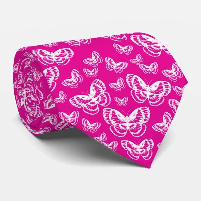 White Butterflies Pink Pattern Tie (Rolled)