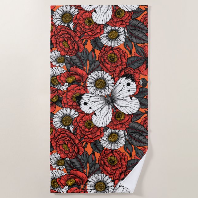White butterfly and roses beach towel (Front)