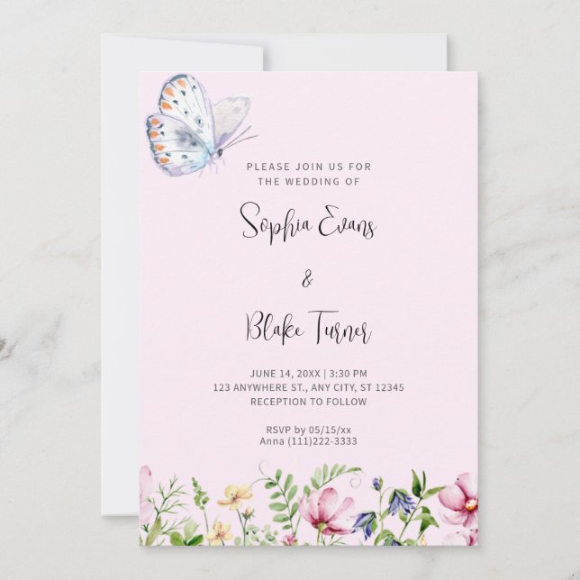 White Butterfly and Wildflowers Pale Pink Wedding Invitation (Front)
