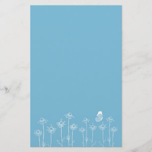 White Butterfly Chamomile Flowers Drawing Stationery