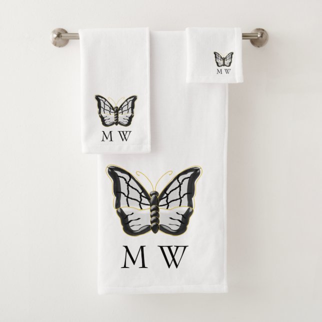 White Butterfly Design Monogrammed Bath Towel Set (Insitu)