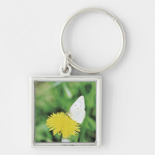 White butterfly feeding on a dandelion key ring