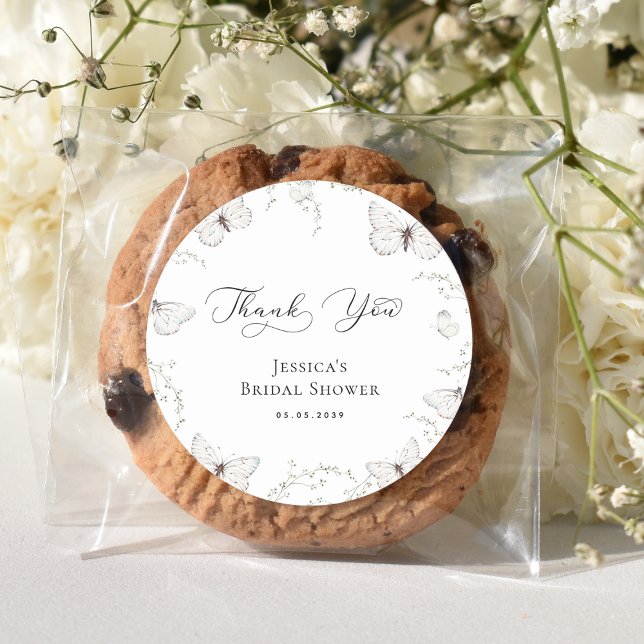 White Butterfly Garden Bridal Shower Thank You Classic Round Sticker (Creator Uploaded)