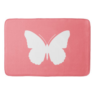 White Butterfly on Coral Pink Bath Mat